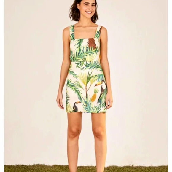 FARM Rio Dresses & Skirts - Farm Rio Toucan Paradise Back Belt Mini Dress 100% Linen Women's Size Large